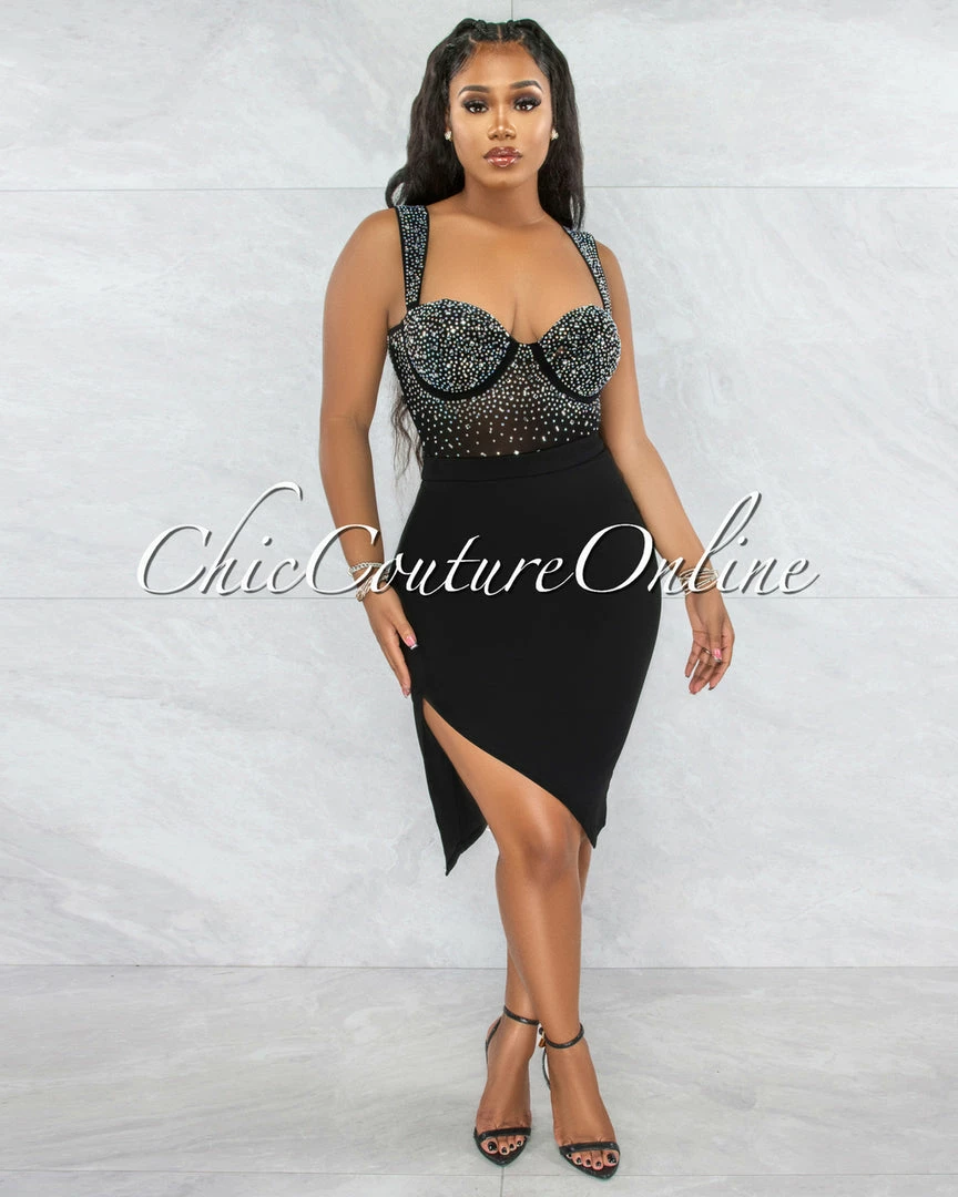 Vendor-unknown Jacaranda Black Rhinestones Bodysuit & Draped Skirt Set