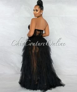 Vendor-unknown Andreina Black Lace Top Tulle Ruffles Maxi Dress