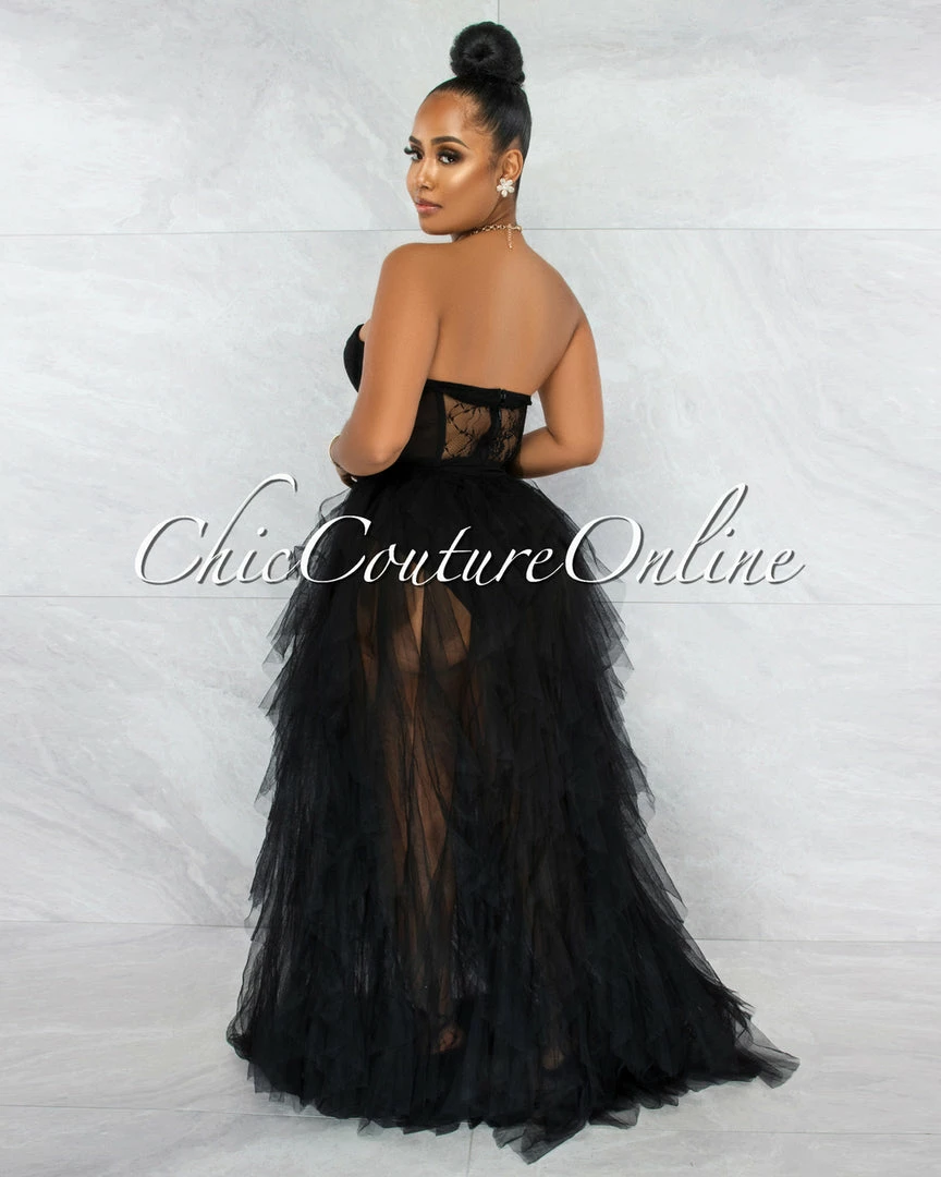 Vendor-unknown Andreina Black Lace Top Tulle Ruffles Maxi Dress