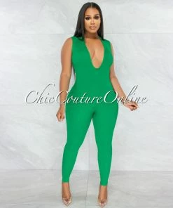 Vendor-unknown Joyner Kelly Green Deep V-Neck Ribbed Jumpsuit JUST IN