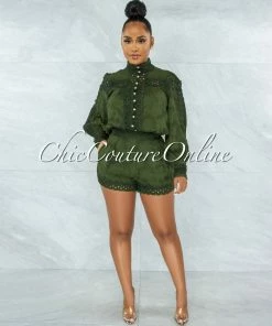 Vendor-unknown Bansuri Olive Crochet Pearl Sheer Blouse & Shorts Set