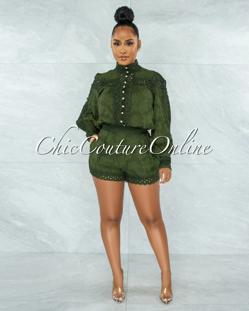 Vendor-unknown Bansuri Olive Crochet Pearl Sheer Blouse & Shorts Set