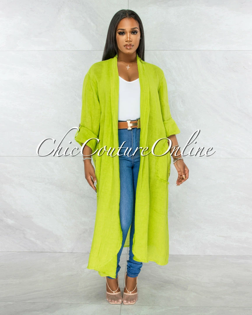 Vendor-unknown Mendoza Green LINEN Side Pockets Duster JUST IN