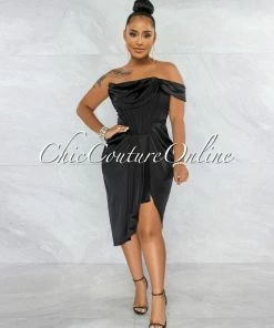 Vendor-unknown JUST IN Analisa Black Satin Drape Corset Midi Dress