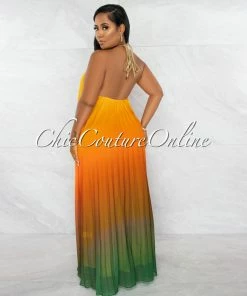 Chic Couture Online JUST IN Lestine Yellow Green Ombre Halter Maxi Pleated Dress