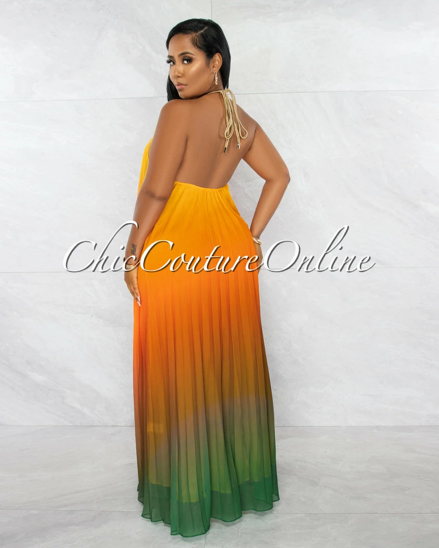 Chic Couture Online JUST IN Lestine Yellow Green Ombre Halter Maxi Pleated Dress