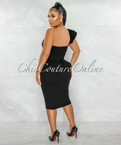 Chic Couture Online Corin Black Single Shoulder Ruffle Midi Dress