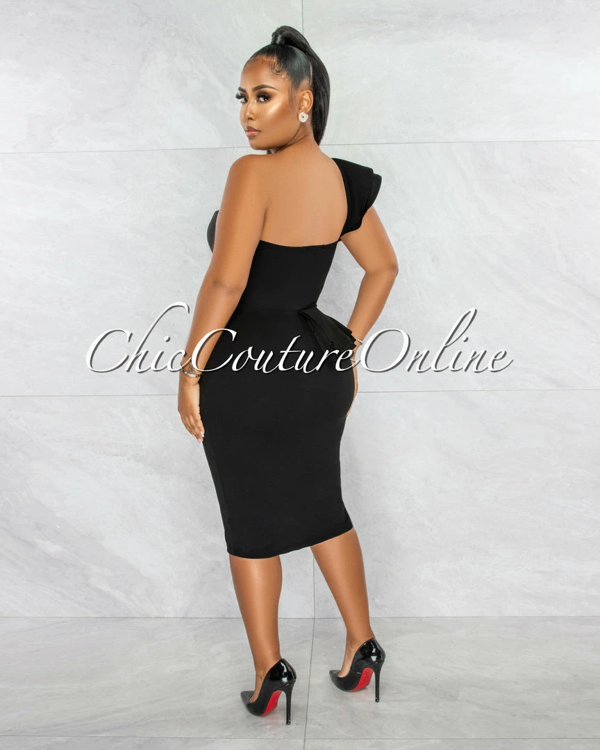 Chic Couture Online Corin Black Single Shoulder Ruffle Midi Dress