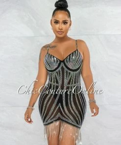 Vendor-unknown JUST IN Kinsley Black Mesh Iridescent Fringe Rhinestones Dress