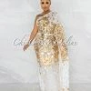 Vendor-unknown JUST IN Guida White Gold Sequins Sheer Single Long Sleeve Dress