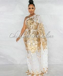 Vendor-unknown JUST IN Guida White Gold Sequins Sheer Single Long Sleeve Dress