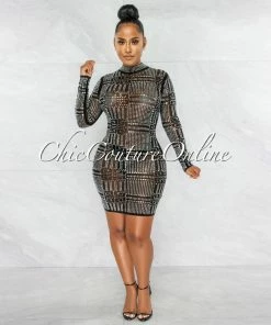 Chic Couture Online JUST IN Farrow Black Rhinestones Mesh Sheer Dress