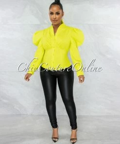 Vendor-unknown Presencia Lime Buttons Bubble Sleeves Shirt JUST IN