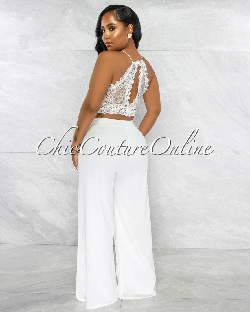 Vendor-unknown Lidie White Crochet Top Wide Legs Pants Set