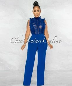 Vendor-unknown Hinton Royal Blue Lace Crochet Seer Top Jumpsuit