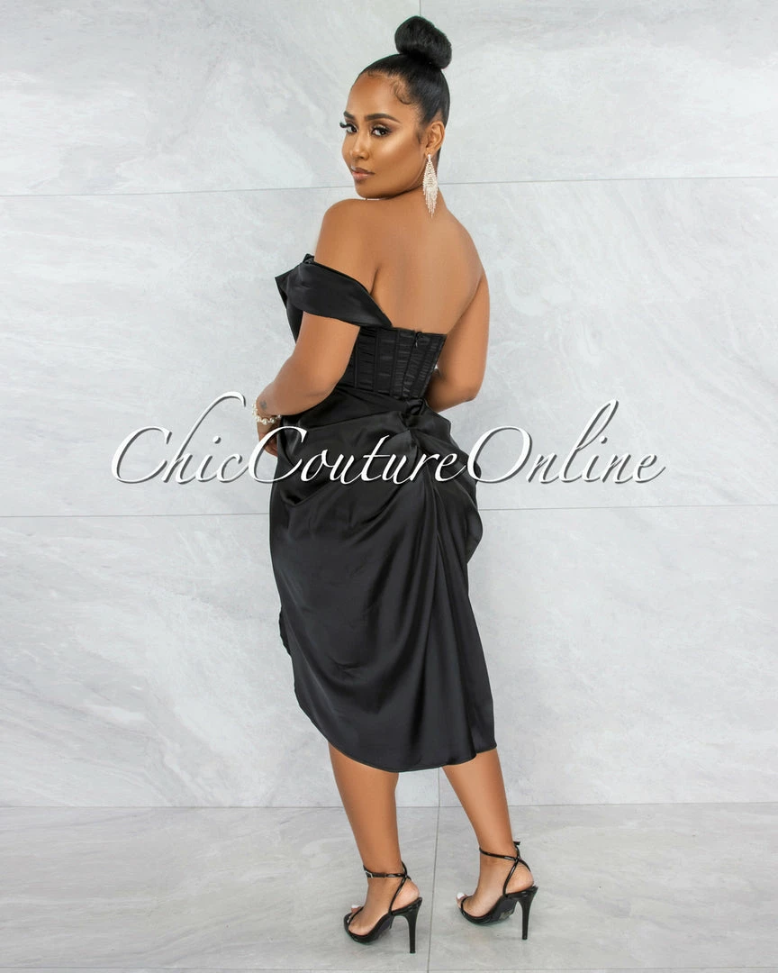 Vendor-unknown JUST IN Analisa Black Satin Drape Corset Midi Dress