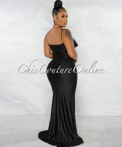 Chic Couture Online Klaus Black Off-The Shoulders Side Slit Maxi Dress JUST IN
