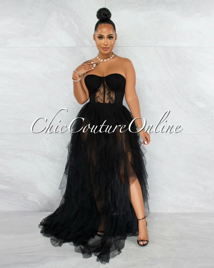 Vendor-unknown Andreina Black Lace Top Tulle Ruffles Maxi Dress