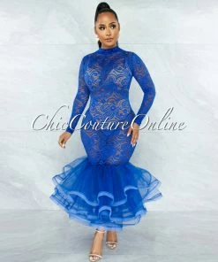 Vendor-unknown San Jose Royal-Blue Lace Tulle Ruffle Mermaid Hem Gown