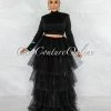 Vendor-unknown Auduna Black Long Sleeves Top & Tulle Ruffle Maxi Skirt Set JUST IN