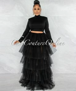 Vendor-unknown Auduna Black Long Sleeves Top & Tulle Ruffle Maxi Skirt Set JUST IN