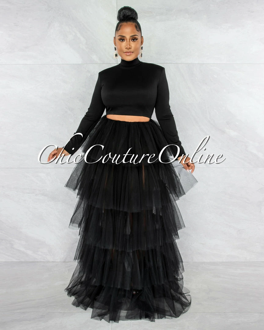 Vendor-unknown Auduna Black Long Sleeves Top & Tulle Ruffle Maxi Skirt Set JUST IN