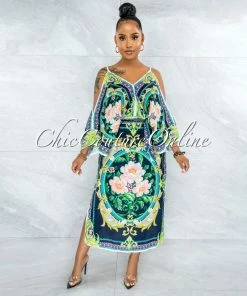 Vendor-unknown Jesuan Navy Green Multi-Color Print Wide Sleeves Maxi Dress JUST IN