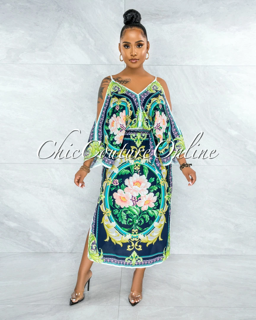 Vendor-unknown Jesuan Navy Green Multi-Color Print Wide Sleeves Maxi Dress JUST IN