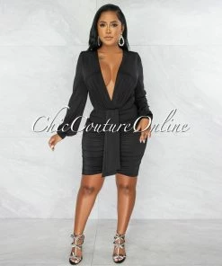 Chic Couture Online Umaya Black Draped Bodysuit & Ruched Skirt Set