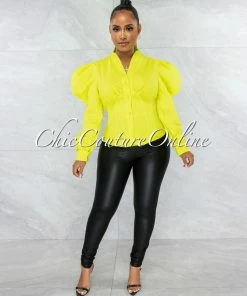 Vendor-unknown Presencia Lime Buttons Bubble Sleeves Shirt JUST IN