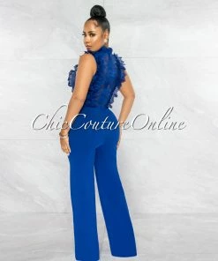 Vendor-unknown Hinton Royal Blue Lace Crochet Seer Top Jumpsuit