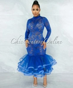 Vendor-unknown San Jose Royal-Blue Lace Tulle Ruffle Mermaid Hem Gown