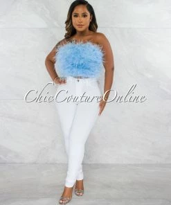 Chic Couture Online Lara Baby Blue Feather Crop Top