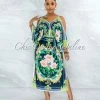 Vendor-unknown Jesuan Navy Green Multi-Color Print Wide Sleeves Maxi Dress JUST IN