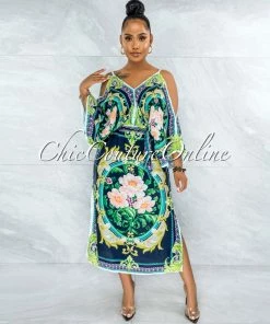 Vendor-unknown Jesuan Navy Green Multi-Color Print Wide Sleeves Maxi Dress JUST IN