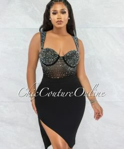 Vendor-unknown Jacaranda Black Rhinestones Bodysuit & Draped Skirt Set