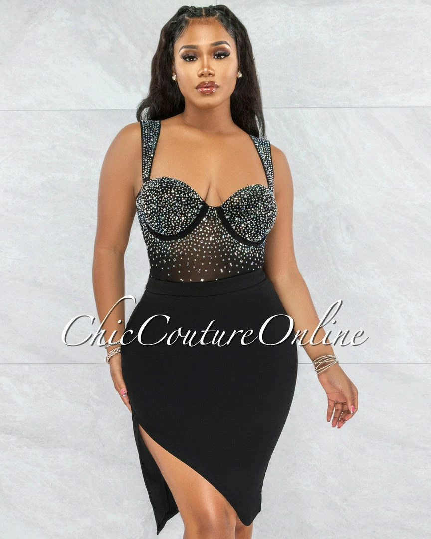 Vendor-unknown Jacaranda Black Rhinestones Bodysuit & Draped Skirt Set