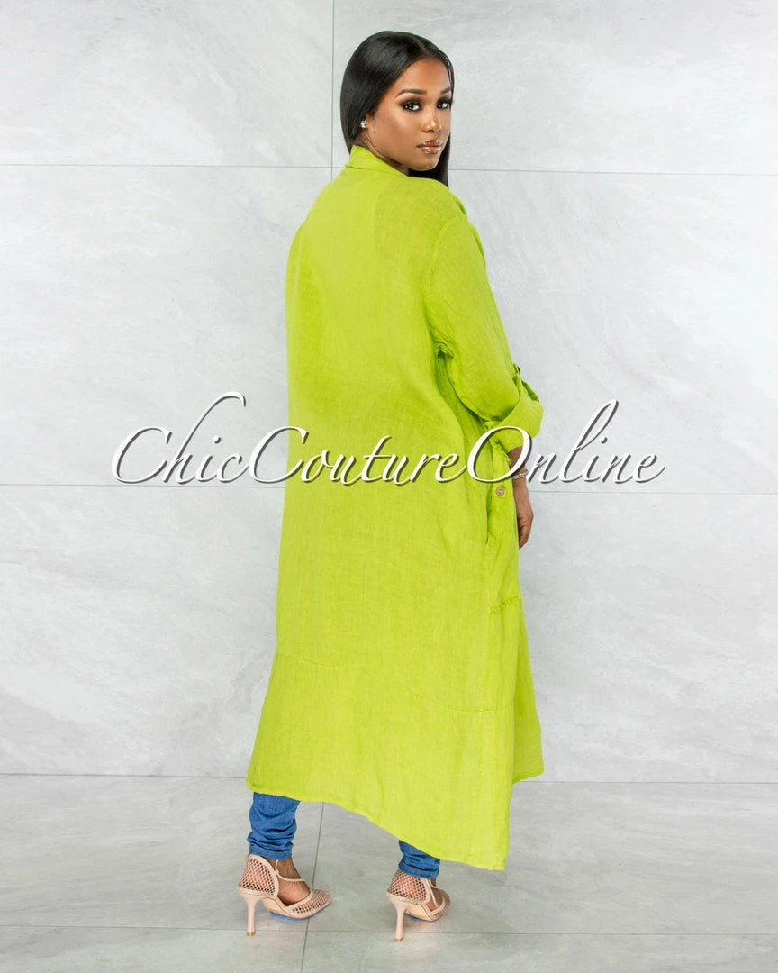 Vendor-unknown Mendoza Green LINEN Side Pockets Duster JUST IN