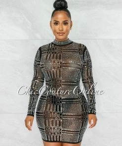 Chic Couture Online JUST IN Farrow Black Rhinestones Mesh Sheer Dress