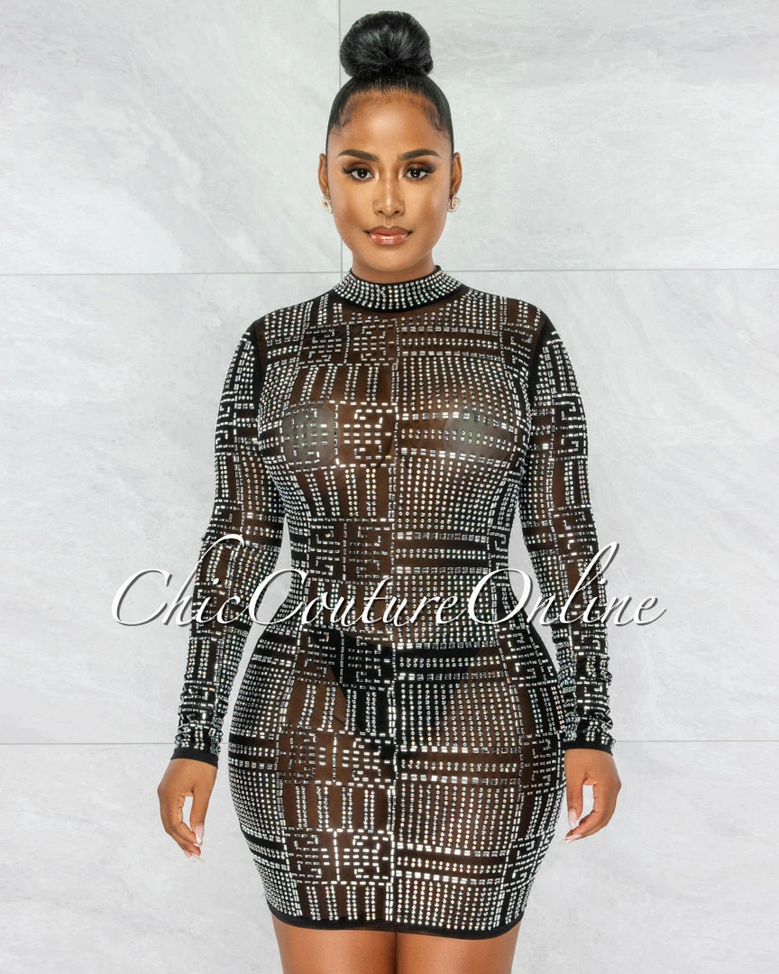 Chic Couture Online JUST IN Farrow Black Rhinestones Mesh Sheer Dress