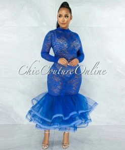 Vendor-unknown San Jose Royal-Blue Lace Tulle Ruffle Mermaid Hem Gown