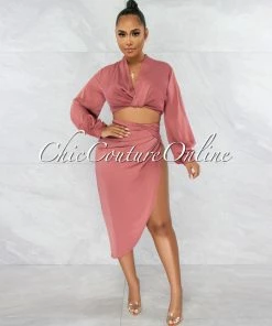 Vendor-unknown JUST IN Larrie Rosewood Drape Top & Slit Skirt Satin Set