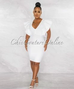 Chic Couture Online Barend Off-White V-Neck Ruffle Sleeves Bandage Midi Dress JUST IN