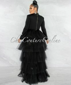 Vendor-unknown Auduna Black Long Sleeves Top & Tulle Ruffle Maxi Skirt Set JUST IN