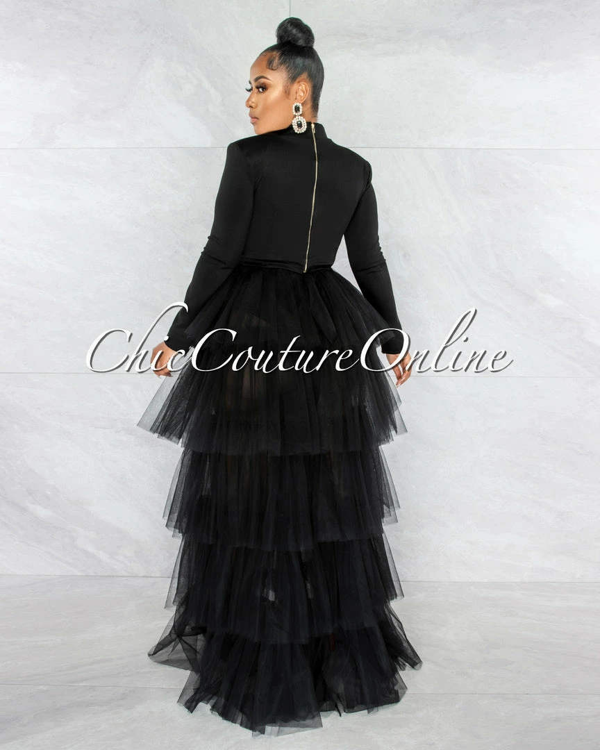Vendor-unknown Auduna Black Long Sleeves Top & Tulle Ruffle Maxi Skirt Set JUST IN