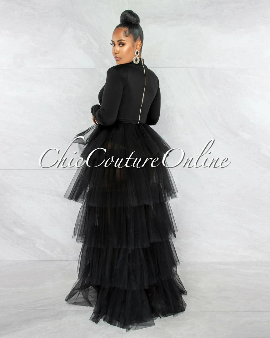 Vendor-unknown Auduna Black Long Sleeves Top & Tulle Ruffle Maxi Skirt Set JUST IN