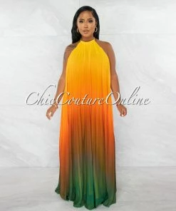 Chic Couture Online JUST IN Lestine Yellow Green Ombre Halter Maxi Pleated Dress