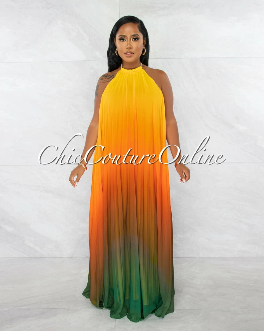 Chic Couture Online JUST IN Lestine Yellow Green Ombre Halter Maxi Pleated Dress