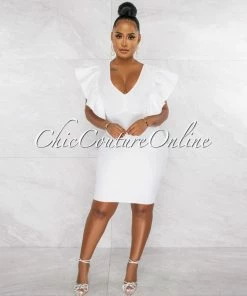 Chic Couture Online Barend Off-White V-Neck Ruffle Sleeves Bandage Midi Dress JUST IN