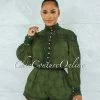 Vendor-unknown Bansuri Olive Crochet Pearl Sheer Blouse & Shorts Set